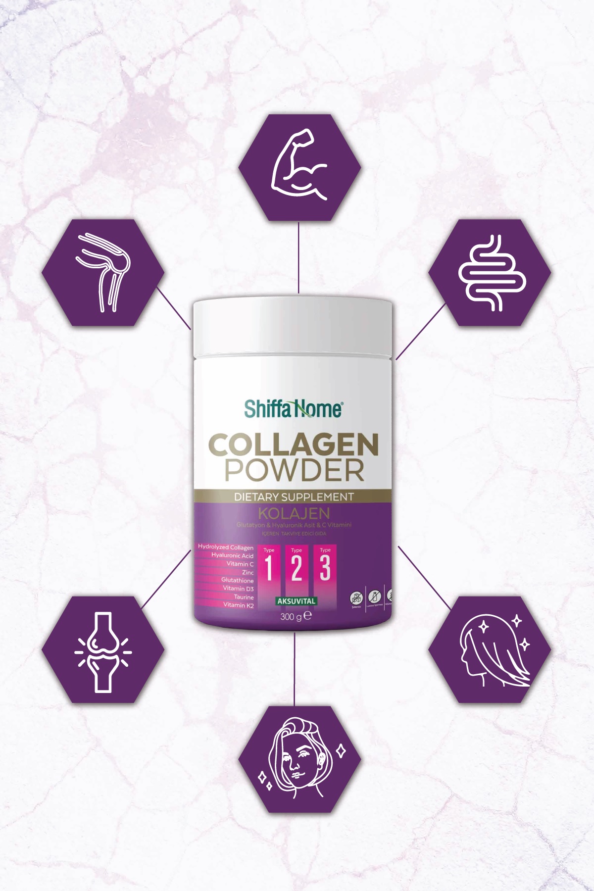 Shiffa%20Home%20Kolajen%20Glutatyon%20Hyaluronik%20Asit%20C%20Vitamini%20İçeren%20Takviye%20Edici%20Gıda%20Toz%20%20300%20Gr