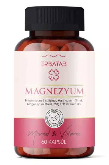 Erbatab Magnezyum 3 lü Form (Bisglisinat, Sitrat, Malat) & Vitamin B2 , B3 , B6 - 60 Kapsül